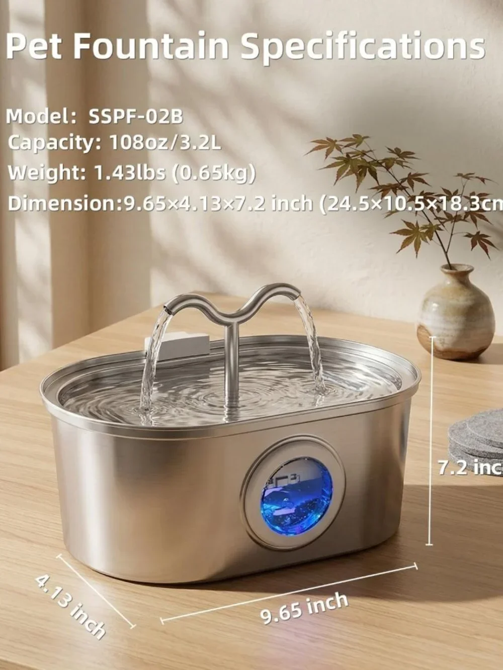 Stainless Steel 3.2L Cat Water Fountain - Pet Hydration, Quiet & Easy Clean